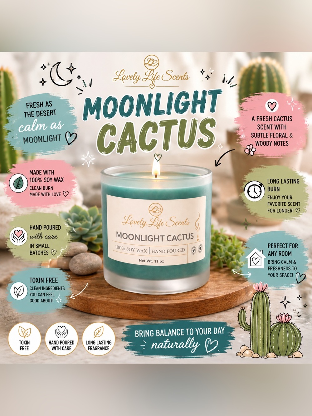 Moonlight Cactus 11 oz Premium Soy Candle from Lovely Life Scents